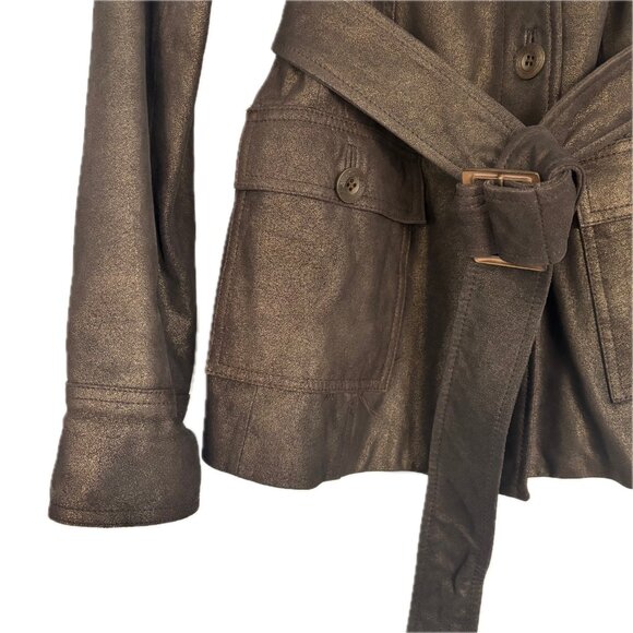 😊Alfani Leather Coat Brown Bronze Lined Jacket Zip Sleeves Pockets Womens Sz M - Picture 13 of 15